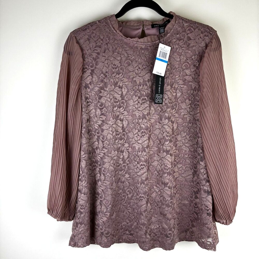 Cable & Gauge Lace Blouse NWT Mauve Purple Pleated Long Sleeve Mock Neck XL